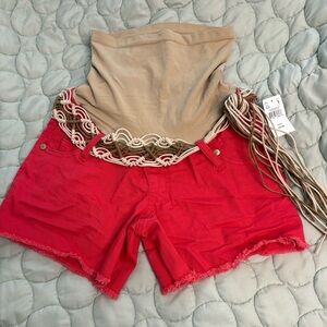 *Wallflower Maternity Shorts Coral/Red Denim Jean Boho Fringe Belt OverBelly NWT
